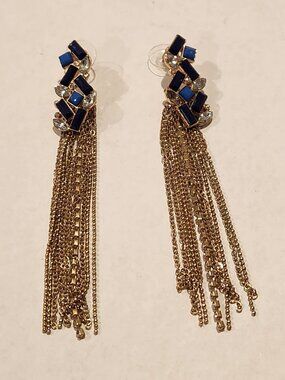 Charming Charlie - Blue Geometric Rhinestone Tassel Earrings